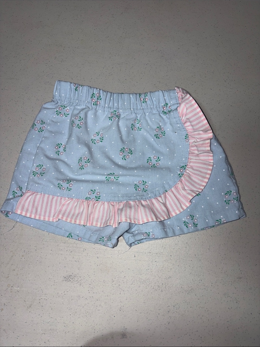 Girls Light Blue Floral Ruffle Shorts with Pink Trim
